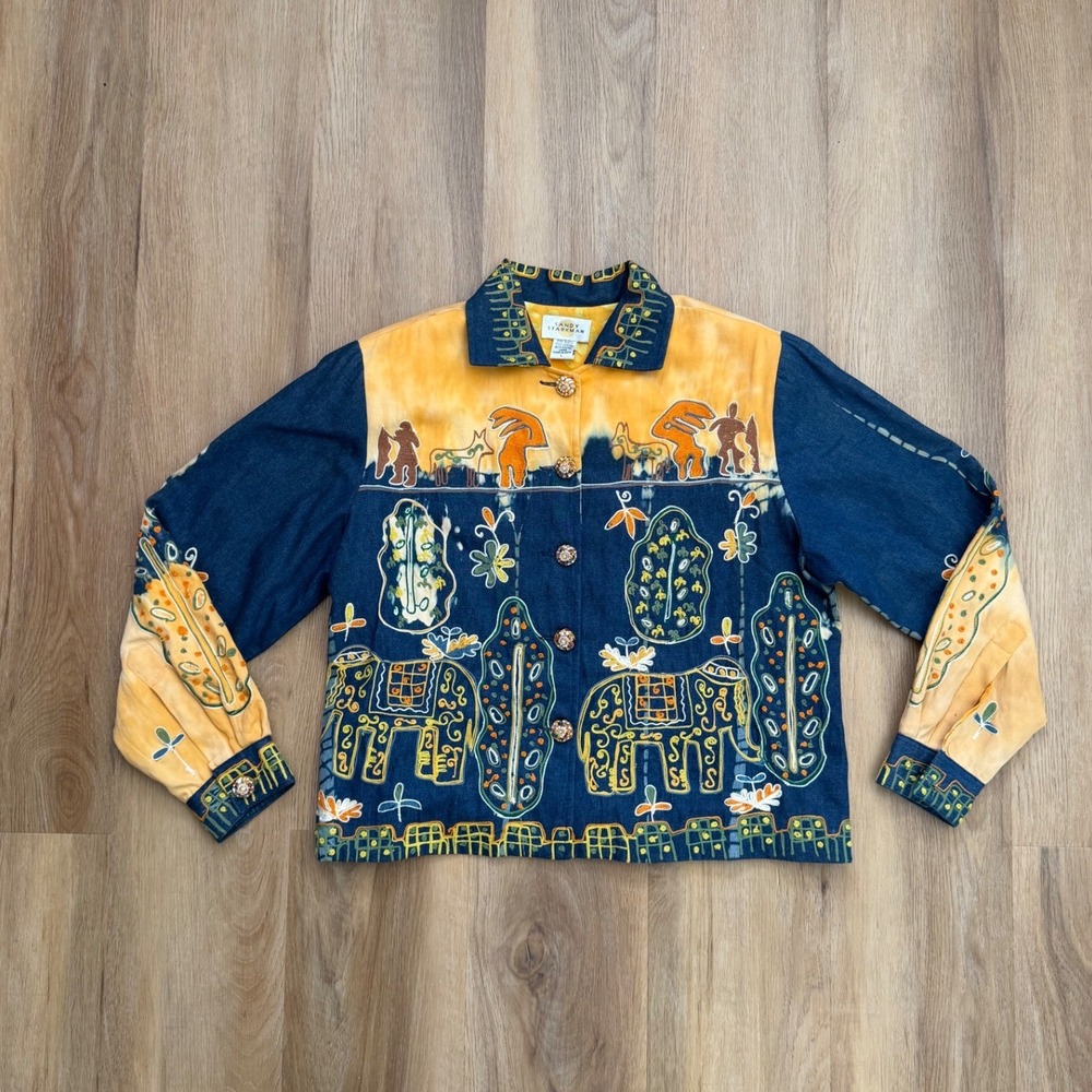Sandy Starkman Vintage Embroidered Elephant Denim Jacket western Large boho
